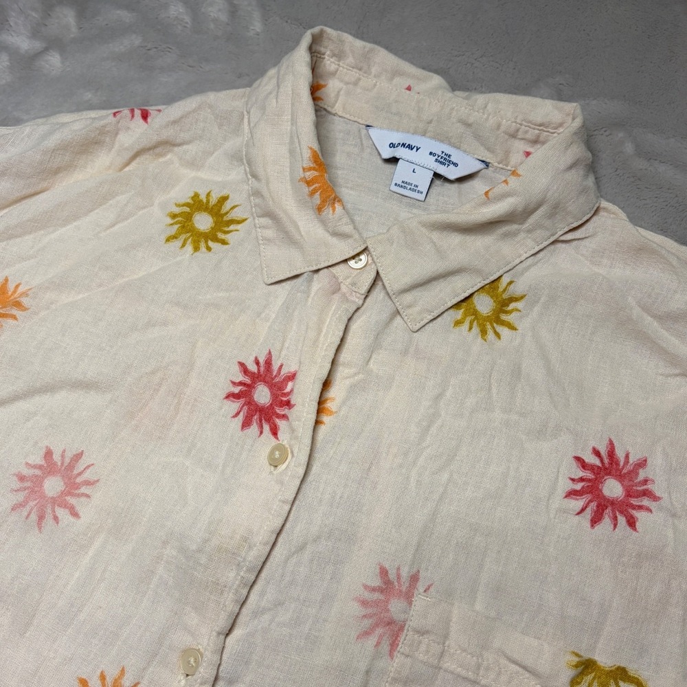 Old‎ Navy Boyfriend Shirt Womens L Celestial Stars Linen Blend Boho Oversized - Picture 3 of 7